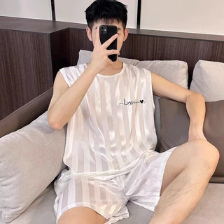 Bộ Đồ Ngủ Nam Mùa Hè 2024 Mới Băng Lụa Mùa Hè plus Kích Thước Homewear Vest Quần Short Bộ Đồ Ngủ Nam