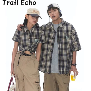 Áo sơ mi nam Trail Echo mùa hè Mỹ cổ điển đường phố cao cấp thiết kế thích hợp gấp cổ kẻ sọc ngắn tay hàng đầu