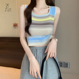 Ztoyl Mùa Hè Nữ Vintage Sọc Cổ Vuông Không Tay Ôm Dệt Kim Camisole IR