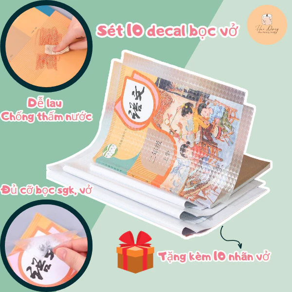 Set 10 Tấm Decal Bọc Sách, Bọc Vở Chống Nước, Chống Rách, Trong Suốt-Tặng kèm 10 nhãn vở - VPP Hảo Dưỡng