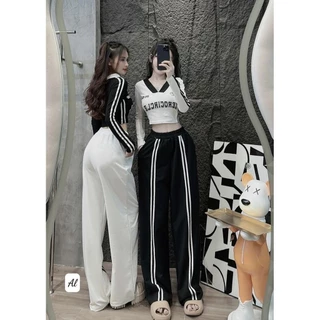 Set quần ống rộng phối sọc mix áo thun cổ V phối viền croptop in chữ nhiệt cá tính siêu hot