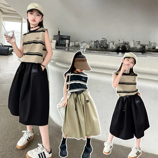 Bộ đồ bé gái Áo Vest sọc ống rộng Culottes Bộ đồ hai mảnh thời trang thông thường Quần áo trẻ em Mùa hè Phong cách mới