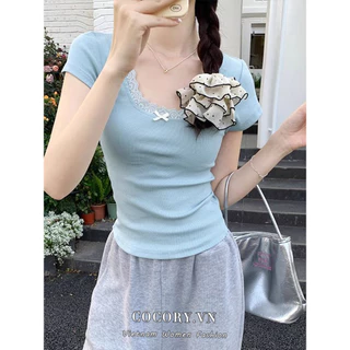 Cocorygirl Gợi Cảm Mỏng Thời Trang Cổ Vuông Ren Bảng Điều Khiển Áo Thun Nữ Quần Áo Bé Tee Top