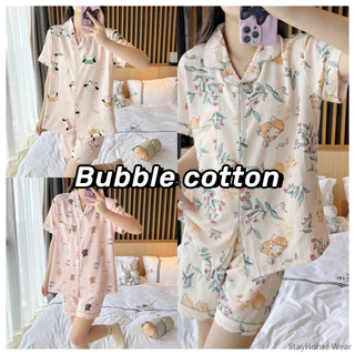 Bộ Đồ Ngủ Cotton Bong Bóng 2024 Phong Cách Mới Bộ Đồ Ngủ Mùa Hè Nữ Mỏng Tay Ngắn Ve Áo Loungewear Phù Hợp Với Hoạt Hình