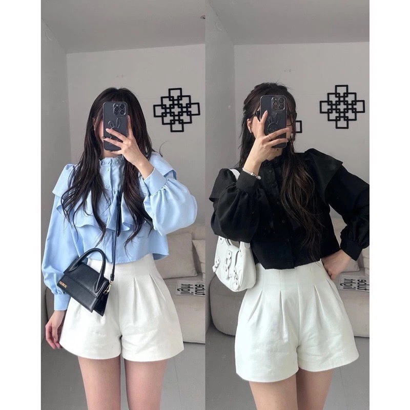 Áo sơ mi croptop bèo tay dài phong cách tiểu thư, Áo sơ mi công sở nữ thiết kế cổ trụ thanh lịch - A284 alisa