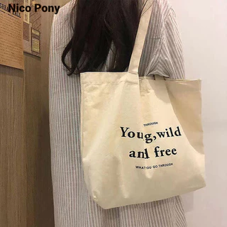 Túi vải đeo vai đơn Nico Pony dành cho nữ lớp học sinh Hàn Quốc cổ điển thời trang Anh Túi vải dây kéo