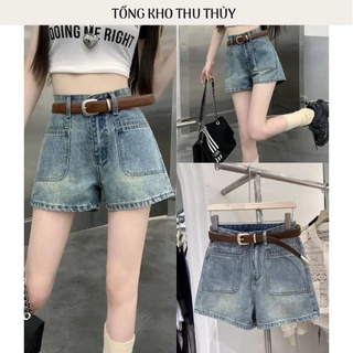 Quần short jean ngố đùi nữ bò ống suống rộng ngắn cạp cao phối túi trước Hàn Quốc S002