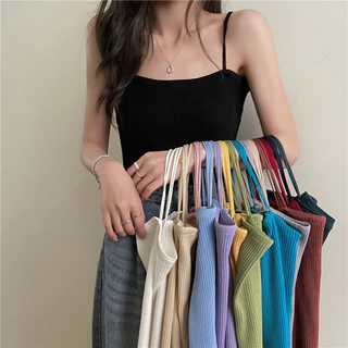 Phong Cách Mới Dây Đeo Vai Đôi Màu Đen Camisole Nữ Mùa Hè Dệt Kim Đáy Không Tay Top