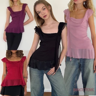 Phụ Nữ Ruffle Trim Tank Tops Dây Kéo Lưng Không Tay Cổ Vuông Màu Trơn Voan Mùa Hè Áo