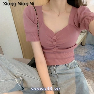 Xiang Nian Ni Mùa Hè Mới Lộ Xương Đòn Gợi Cảm Cổ Chữ V Cổ Thấp Tencel Dệt Kim Bên Trong Trận Đấu Đáy Áo Sơ Mi Tay Ngắn Top Áo Thun