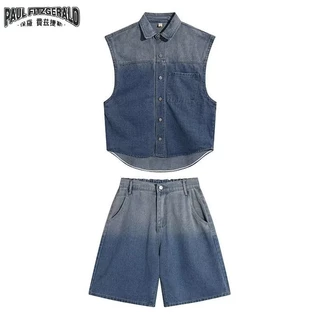 Paul FITZGERALD Áo vest denim gradient cũ + quần short thời trang niche dáng rộng phong cách Hàn Quốc giản dị không tay bộ hai mảnh