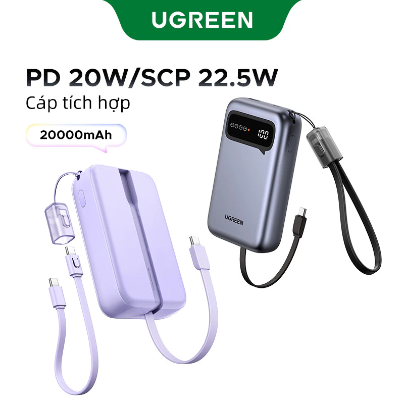 Powerbank đầy màu sắc, UGREEN, 20000mAh, với 2 Cáp USB C tích hợp, PD20W, SCP22.5W, cho iPhone 18 17 16 Pro Max