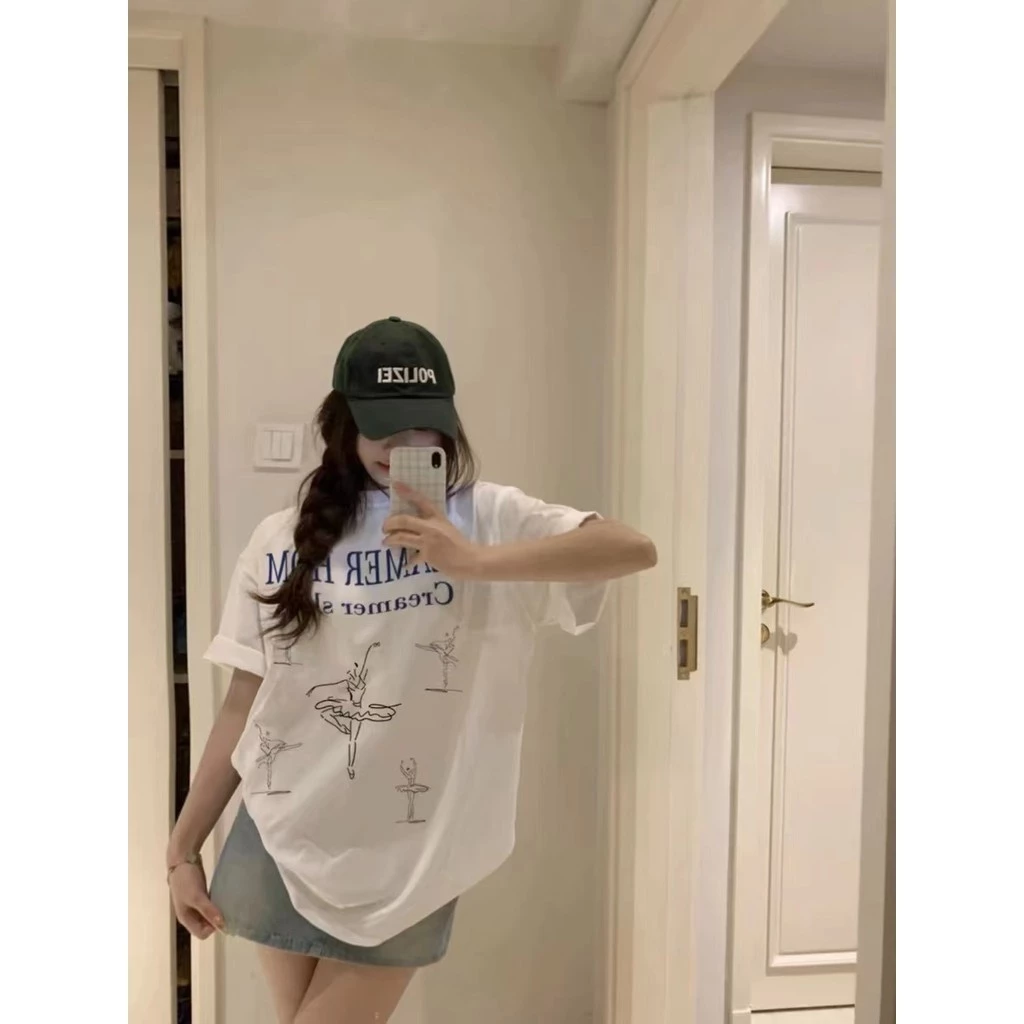 Áo Thun Nữ Tay Ngắn Hoạt Hình Múa Ba Lê 3XL Cotton Nguyên Chất Tay Ngắn Mỏng Phong Cách Hàn Quốc ins Phong Cách Áo Thun Nữ Cổ Tròn Rời Bên Trong Top