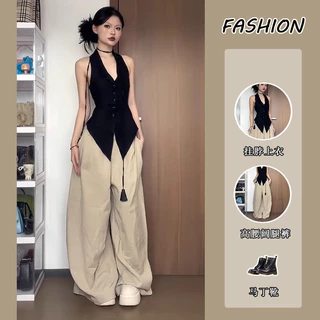 Dây Phong Cách Nguyên Chất Dây Bộ Đồ Mùa Hè Không Tay 2024 Quần Ống Rộng Top Nữ Eo Cao Hot Girl Slim-fit Desire Bộ Đồ Hai Mảnh ZJR1