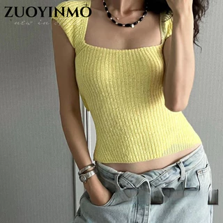 Áo thun ZUOYINMOKnited cổ ngắn tay vuông buộc dây nữ