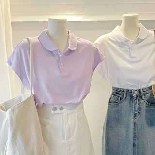 Nhỏ Bay Tay Vai Ngắn Tay Áo Thun Nữ Mùa Hè Phong Cách Mới Preppy Phong Cách Rời Cổ Áo polo Ngắn Top