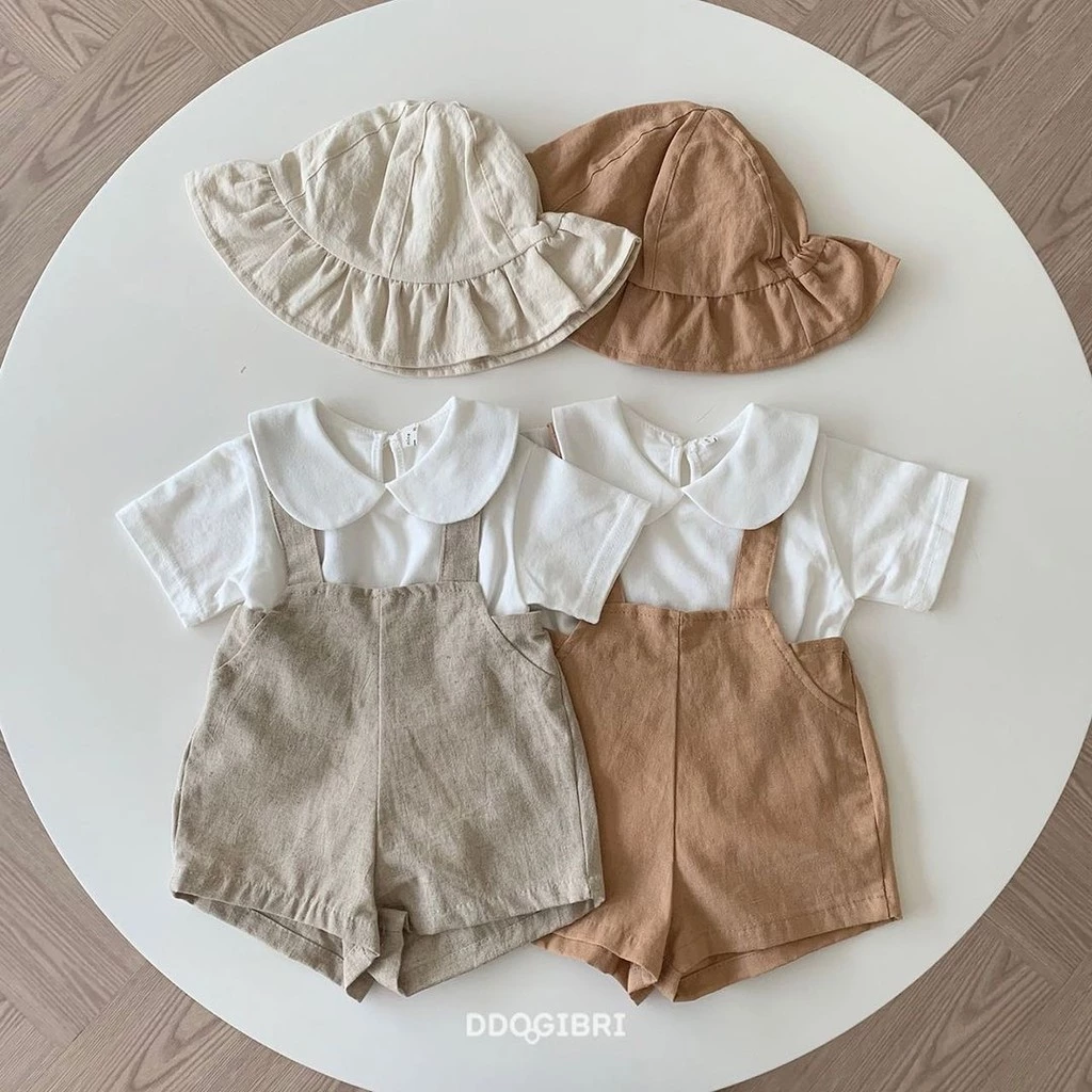 Bộ áo liền quần trẻ sơ sinh mùa hè phong cách đơn giản + Mũ + Áo sơ sinh màu trắng Quần áo trẻ em 0-2 tuổi