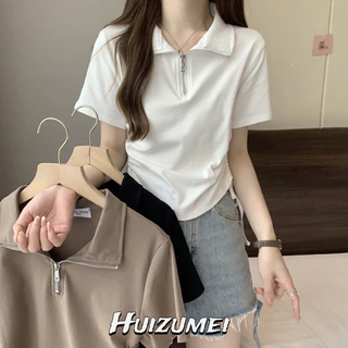 Huizumei Áo thun nữ cổ POLO dây kéo vai phải tay ngắn dây rút mỏng vừa vặn crop top