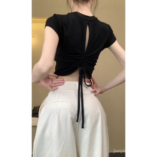 Pure Desire Phong Cách Backless Rỗng Ra Dây Rút Top Nữ Hot Girl Slim Fit Giảm Béo Áo Thun Tay Ngắn