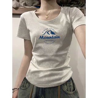 【100% cotton 】Áo baby tee Áo Thun ôm body Áo y2k Áo thun nữ in chữ màu xanh vừa vặn phong cách mới