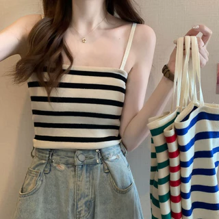 Thời trang Hàn Quốc Retro Dệt kim sọc treo áo nữ Slim Top