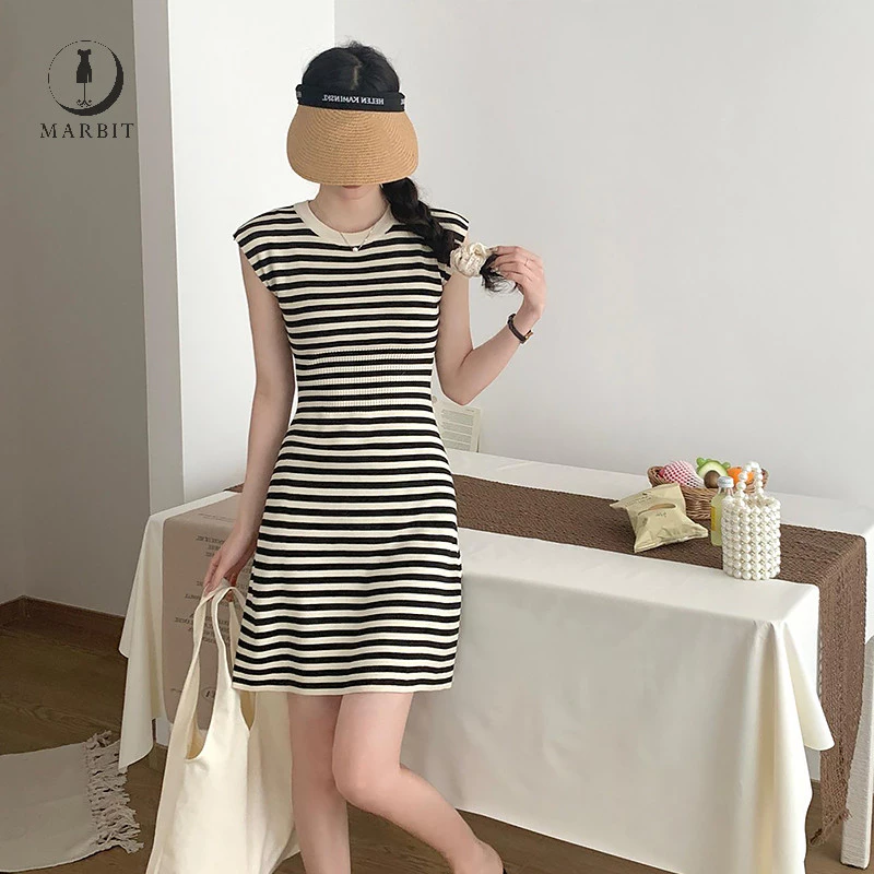 [Hbne] Đầm Mini Sọc Nữ Cổ Tròn Không Tay Mùa Hè Váy Ngắn FHS