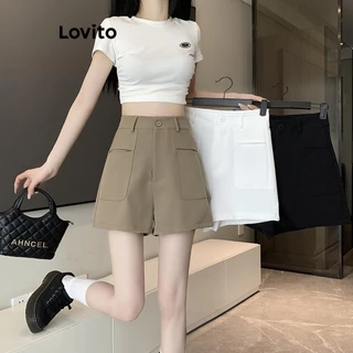 Lovito Quần short xếp li có nút trơn thông thường cho nữ LNE50334