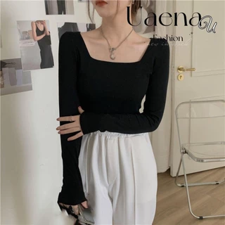 Áo crop Top cổ vuông UAENAU, Áo lót mỏng vừa vặn đơn giản có tay dài, Áo thun dài tay cổ vuông mỏng vừa vặn cho nữ