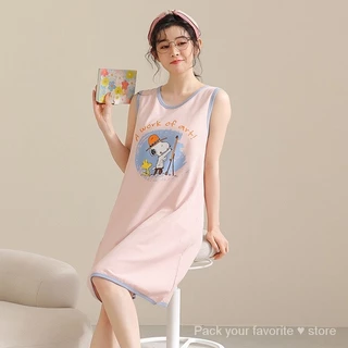 Bộ Đồ Ngủ Nữ Mùa Hè Dệt Kim Áo Cotton Váy Ngủ Phiên Bản Hàn Quốc Hoạt Hình Dễ Thương Plus Kích Thước Loungewear Có Thể Mặc Bên Ngoài Váy Không Tay