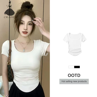 Áo thun nữ tay ngắn cổ vuông CRLNHC Áo Crop Top mỏng không đều màu trơn mùa hè vn