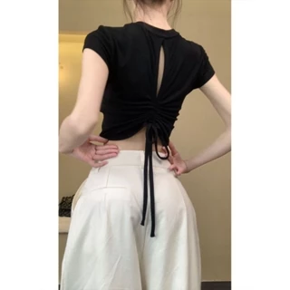 Phiên Bản Hàn Quốc Thời Trang Rỗng Backless Dây Rút Áo Thun Nữ Mùa Hè Đen Top