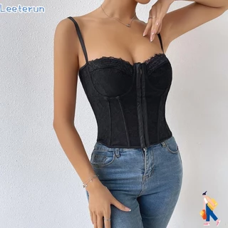 Leeterun Áo thường ngày mùa hè, Áo Corset xương cá gợi cảm ren màu trơn, Corset bụng