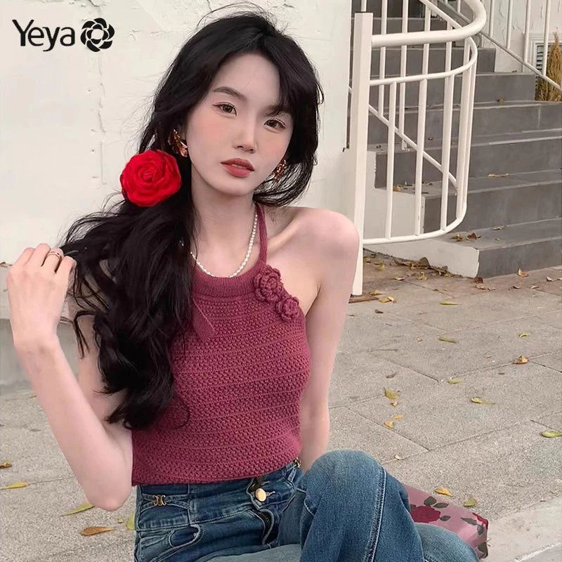 Yeya Nữ Retro Dây Áo Vest Đỏ Phong Cách Hồng Kông Dệt Kim Đa Năng Áo Vest Ngắn Top