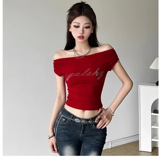 Klalien Mùa Hè 2024 Mới Cay Cô Gái Phong Cách Chữ Nóng Kim Cương Một Vai Áo Thun Nữ Ngắn Slim Fit Cao Cấp Eo Top