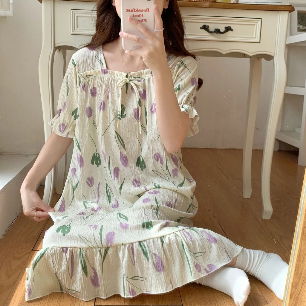 Váy ngủ mùa hè mặc nhà nữ tiểu thư cao cấp nữ tính chất liệu cotton mềm mịn