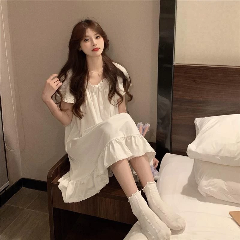 Váy ngủ nữ đầm ngủ mùa hè mặc nhà cotton form rộng tiểu thư