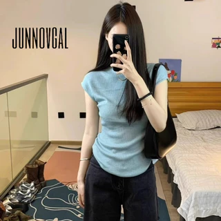 Áo thun nữ JUNNOVGAL Màu trơn 2024 Retro Phong cách mới Tay ngắn cổ tròn Slim Fit All Match