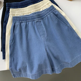 Quần short denim nữ mùa hè 2024 phiên bản Hàn Quốc co giãn eo cao dáng rộng và giảm béo Quần ống rộng chữ A