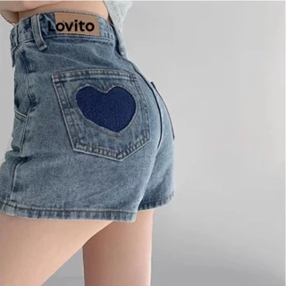 Quần short Lovito denim họa tiết hình trái tim thường ngày cho nữ LNE16254 (Màu xanh dương)