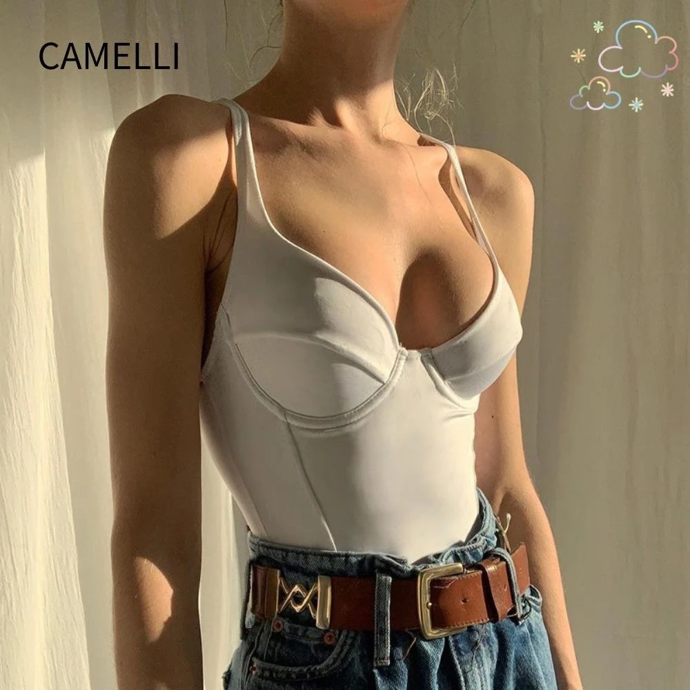 Bộ áo liền quần cổ chữ V CAMELLI1, Áo thun không tay cổ chữ V màu trơn, Áo liền quần màu trơn thông thường dành cho nữ