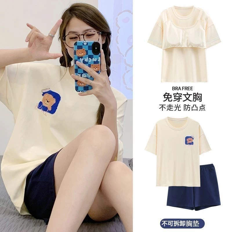 Bộ đồ ngủ hai mảnh mùa hè dành cho nữ, in họa tiết hoạt hình, vải thoải mái, mát mẻ (có đệm ngực)
