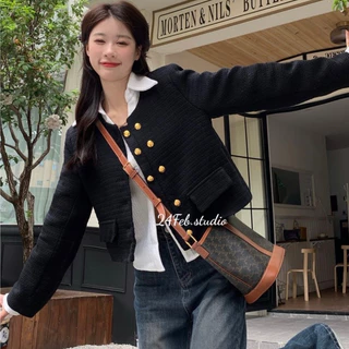 [KAH19] [SẴN HÀNG] Áo khoác dạ tweed đen cúc đồng phối dọc phong cách ulzzang Hàn Quốc