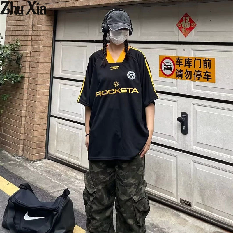 Áo thun nữ Zhu Xia thiết kế thêu Mỹ thể thao ngắn tay mùa hè hiphop dáng rộng cặp đôi áo thun nửa tay