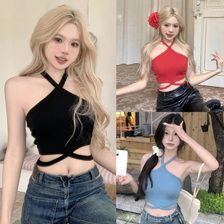 Mùa Hè Dây Buộc Ren Lưng Mỏng Gợi Cảm Crop top Nữ Lộn rốn Tank top