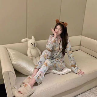 Bộ Đồ Ngủ Chất Lượng Cao Zhao Lusi Star Tik Tok Cat Silk Nữ Cardigan Tính Khí Dễ Thương Thời Trang Ngắn Tay Homewear