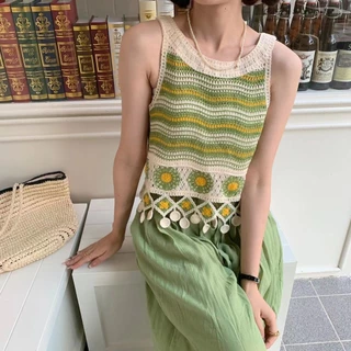 Balamy Pháp Retro Nhỏ Camisole Top Rỗng Móc Phong Cách Dân Tộc Áo Dệt Kim Nữ Mùa Hè Mặc Bên Ngoài Đi Biển Ngày Nghỉ Mặc