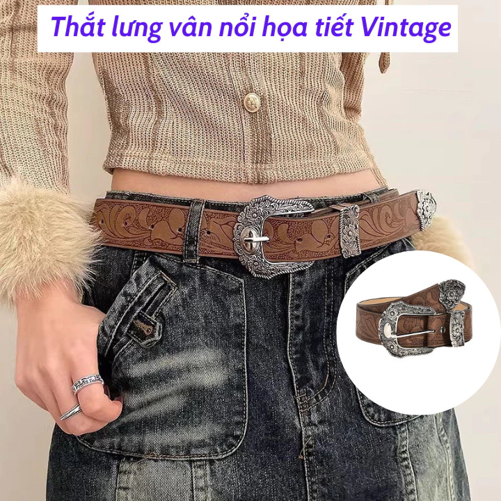 Thắt lưng màu nâu cổ điển dây nịt nam nữ vân nổi khóa mạ đồng họa tiết mẫu mới phong cách cao bồi OLL342 Olala 86