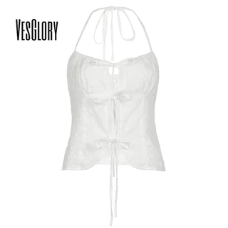 Vesglory Nữ Sling Tank Top 2024 Thời Trang Mới Slim fit Dây Rút Ngắn Dây Đeo Cổ Rỗng Xếp Ly Cao Cấp