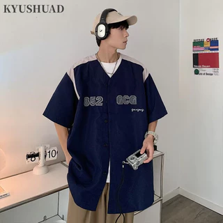 Kyushuad Áo sơ mi nam ngắn tay kiểu Mỹ cổ điển đại học in chữ Nhật Bản dáng rộng giản dị áo thun đường phố cao cấp