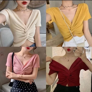 Áo Croptop Dệt Kim Thiết Kế Cổ Chữ V Nữ Tính Áo Thun Dệt Kim Tay Ngắn Cổ Chữ V Phong Cách Hàn Quốc